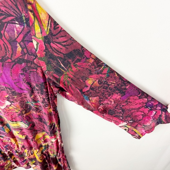 Beaded Dark Floral 100% Silk Graphic Fitted Peplum Adjustable Tie Waist Blouse - Picture 6 of 9